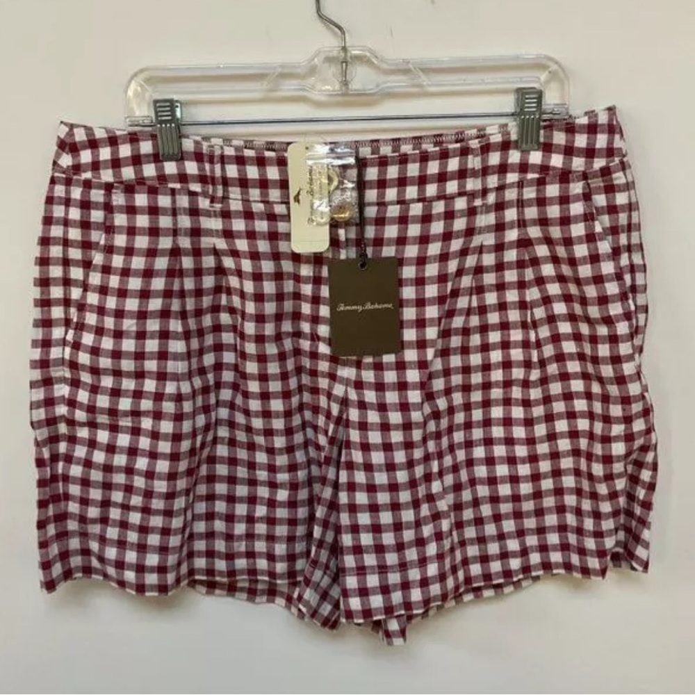 Tommy Bahama Linen Shorts Womens Size 12 Gingham Check Plaid Red Beach NWT $98